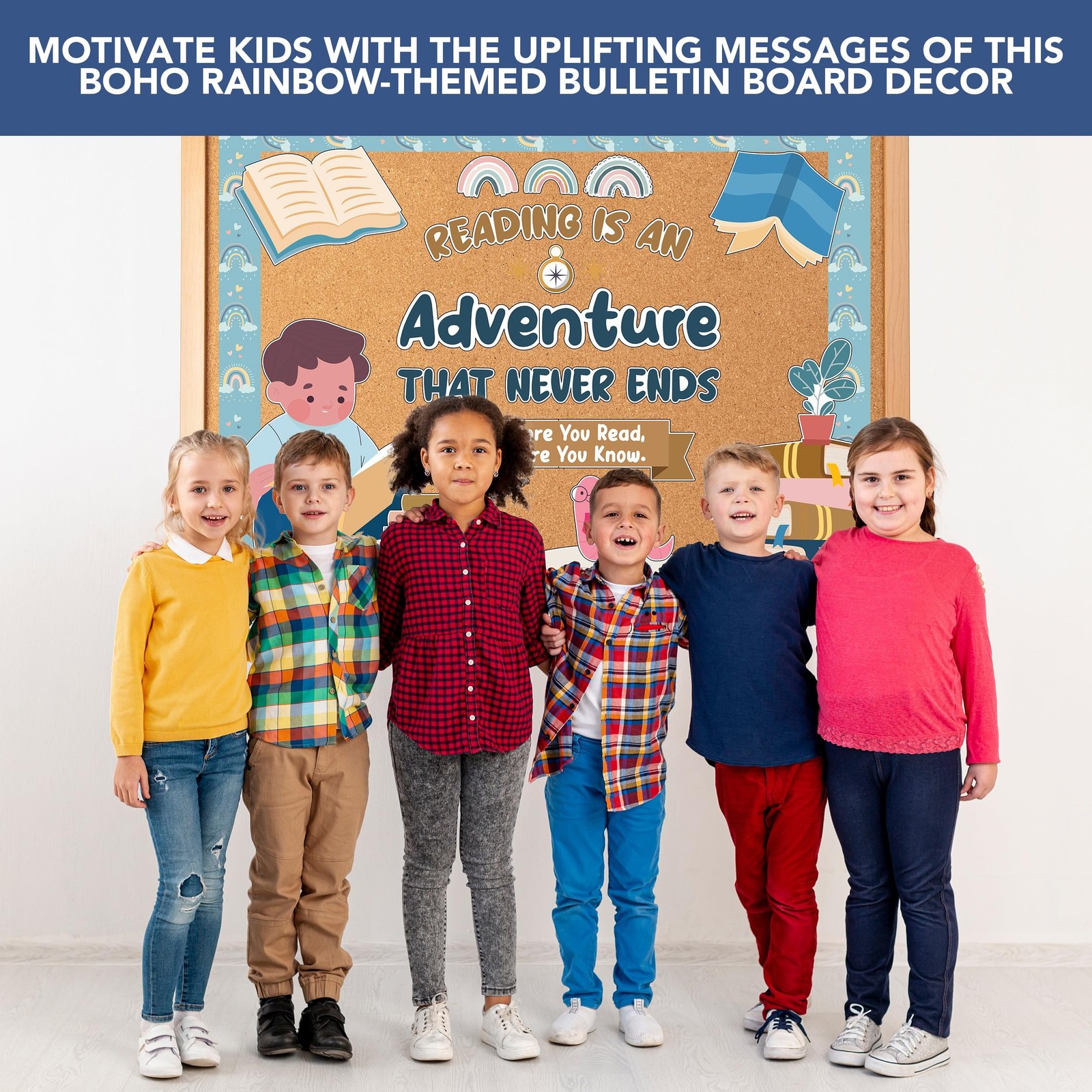 Decorably 45 Pcs Cutouts Rainbow Boho Reading Bulletin Board Reading Sets wit...