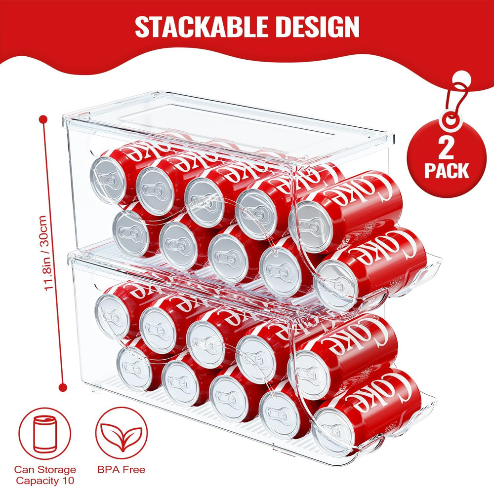 2 Pack Stackable Refrigerator Organizer, Soda Can Dispenser Pop Cans Container