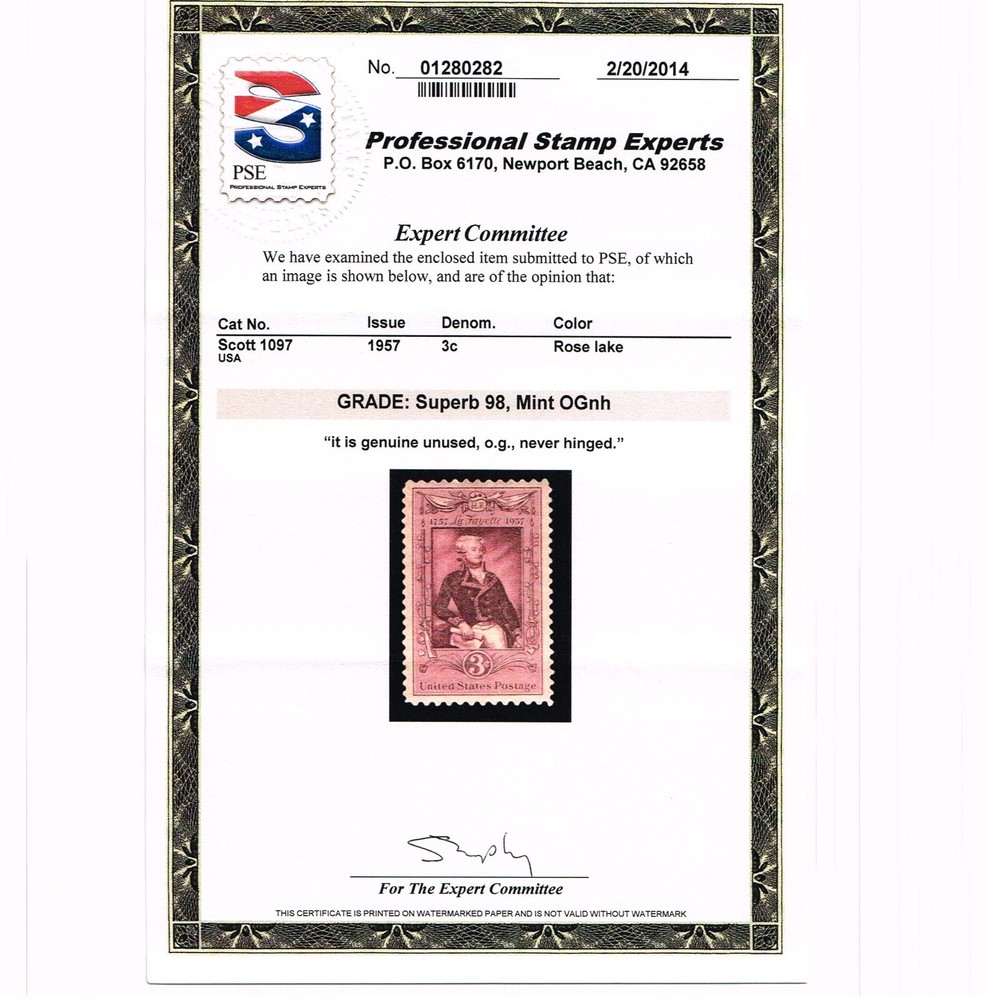 EXCEPTIONAL GENUINE SCOTT #1097 MINT PRISTINE OG NH PSE CERT GRADED SUPERB 98