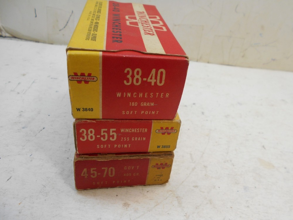 3 vtg winchester rifle shell boxes 45/70 38/40 38/55 with inserts all empty