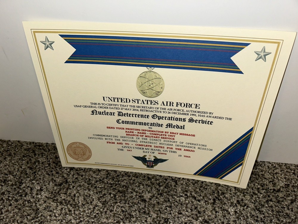 NUCLEAR DETERRENCE OPERATIONS MEDAL COMMEMORATIVE CERTIFICATE ~ W/PRINTING T-1