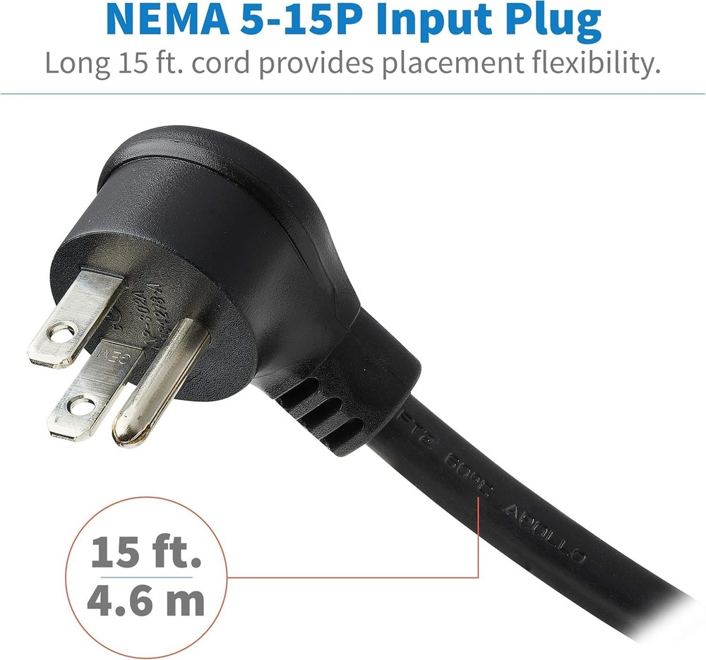 Mountable Power Strip with 15A Current and 15ft Long Right-Angle Plug Cord
