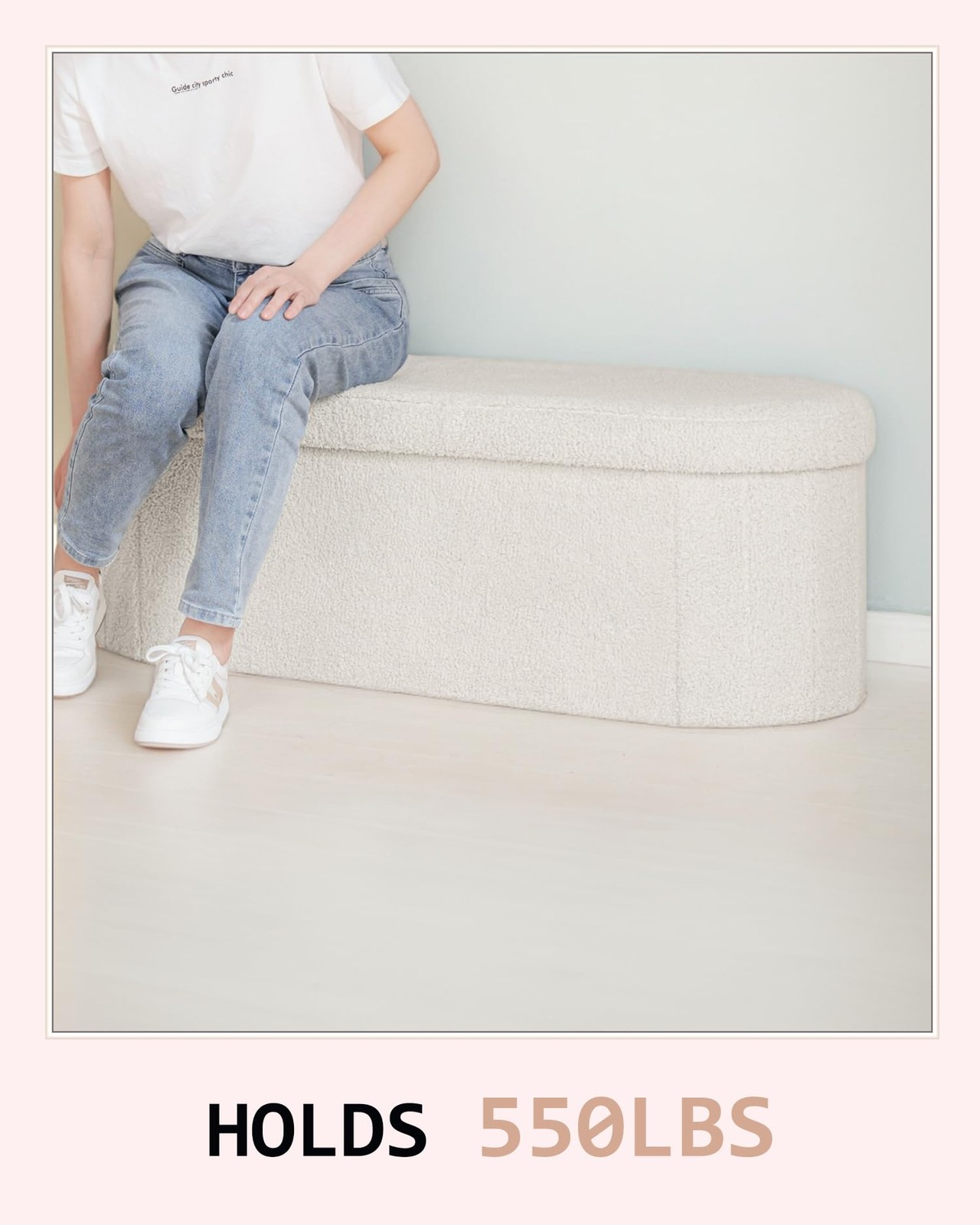 Storage Ottoman Bench, 43.3 Inches Oval Ottoman with Storage, Teddy Boucle Fo...