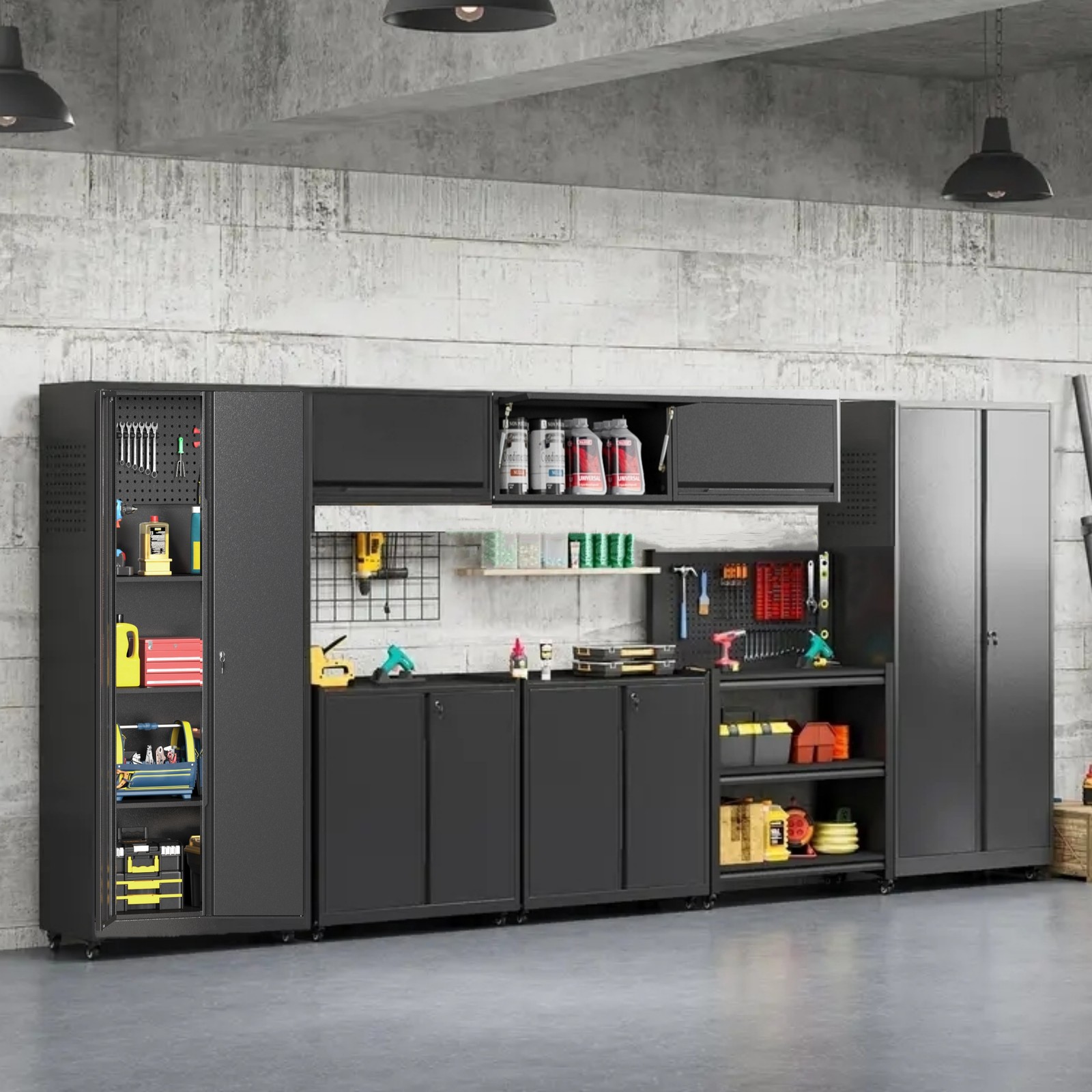 Garage Storage Cabinet System 8 Pc Workshop Set Mobile Workbench w/Tool Pegboard