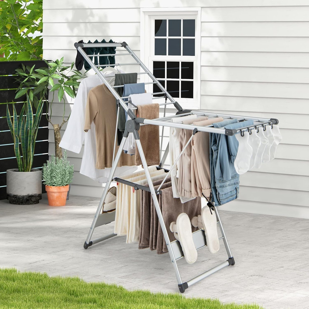 Space-Saving Collapsible 2-Layer Aluminum Drying Rack with Adjustable Wings