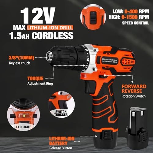 255-Piece Tool Set - Tool Kit with 12V Cordless Drill Driver, Toolbox Orange