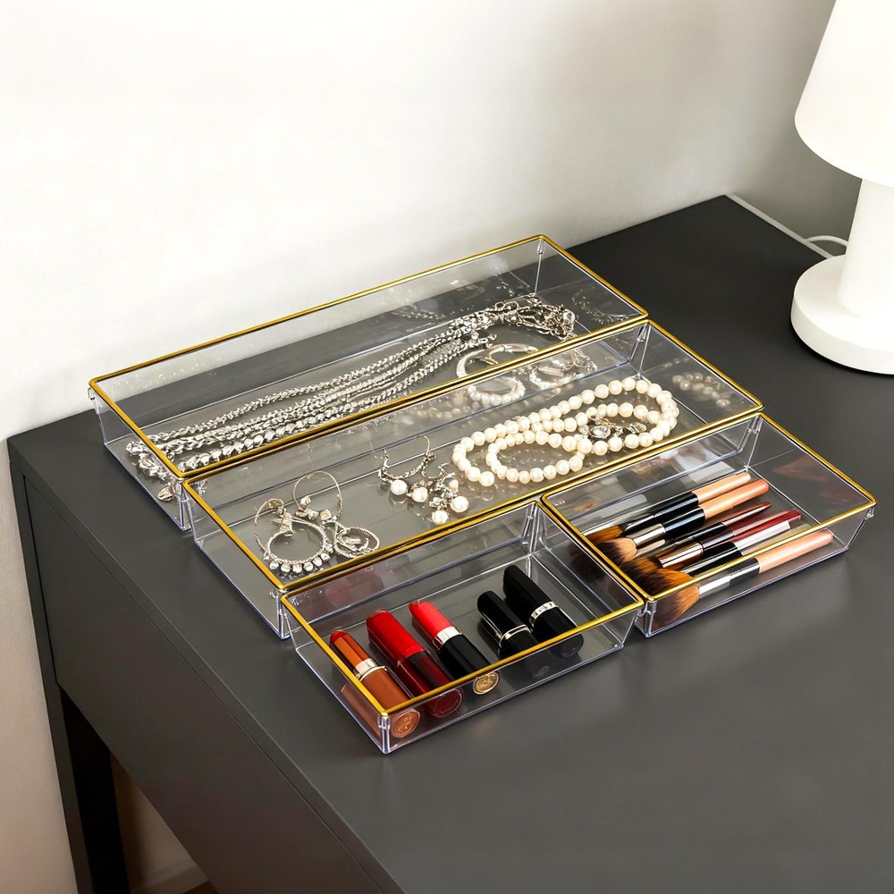 12 Pack Large Size Clear Stackable Drawer Organizer Trays, Gold Rim Makeup Dr...