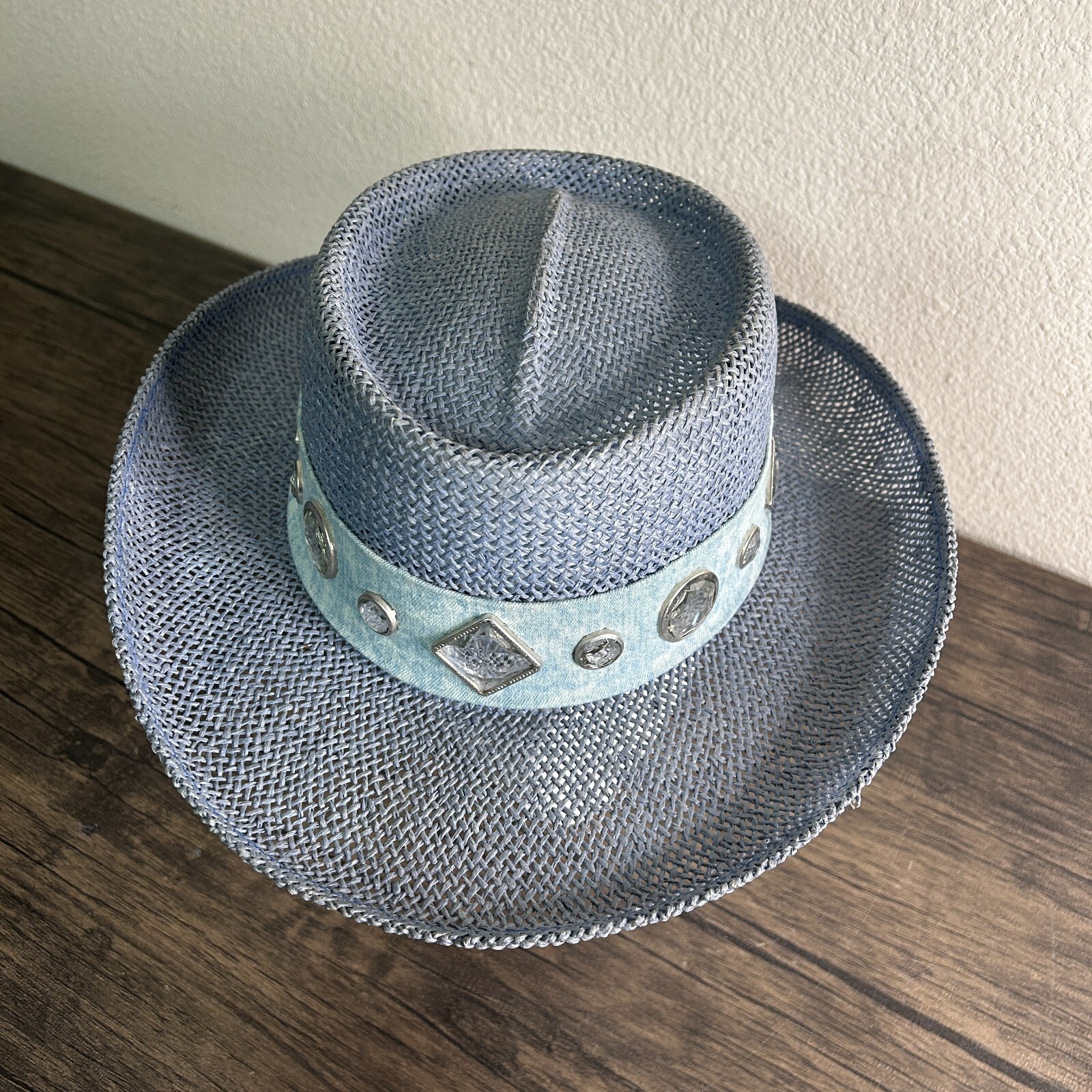 VINTAGE Something Special Straw Hat 1980s Gantos Blue Embellished Derby 3425