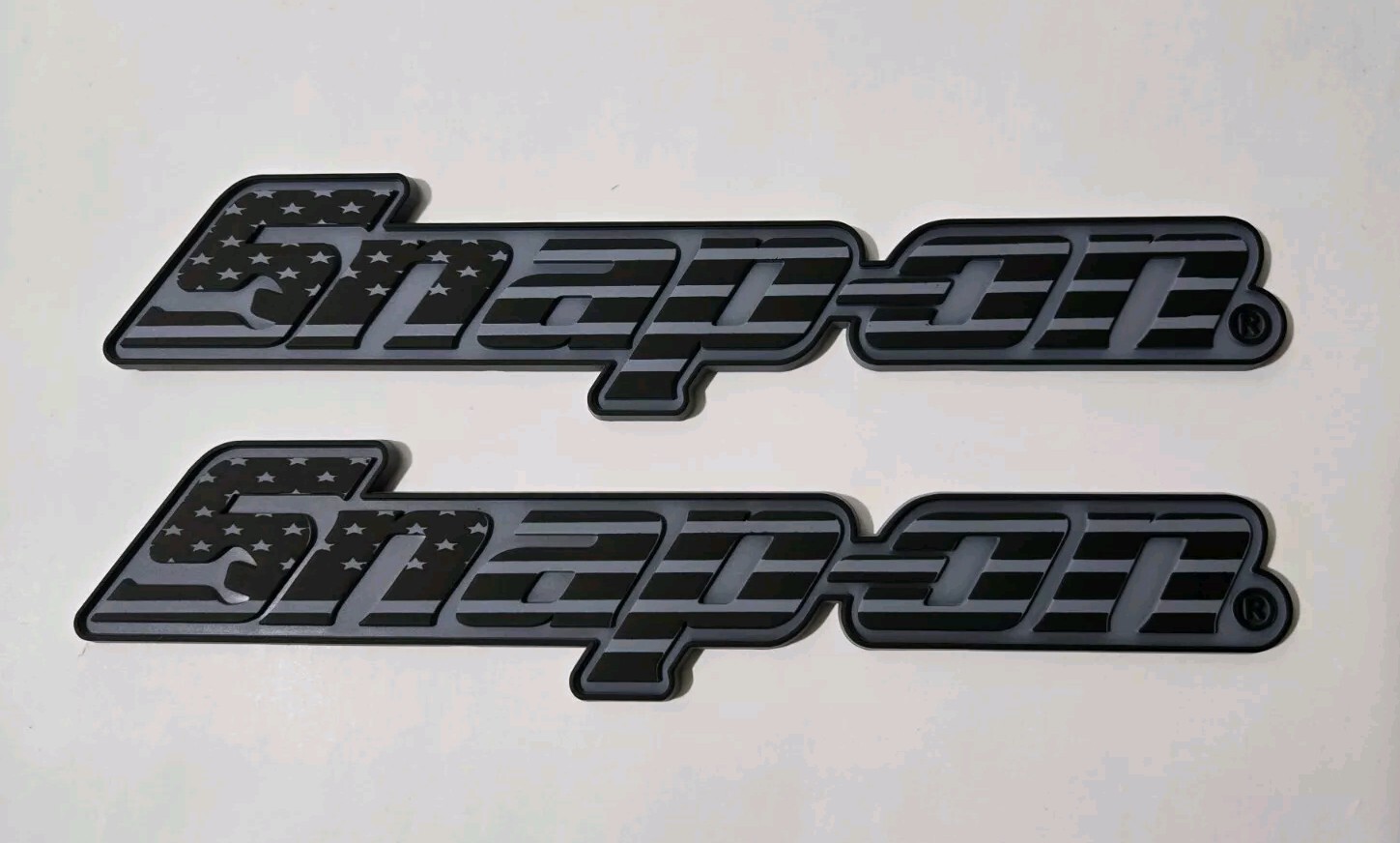 2PK SNAP ON TOOL BOX FLAG LOGO EMBLEM MATTE BLACK Plastic Badge Decal 8" + GIFT