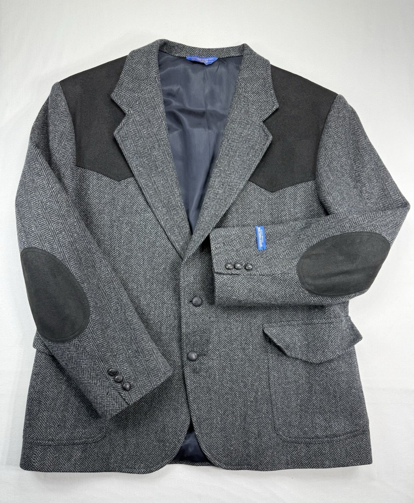 Pendleton Western Blazer Jacket 100% Wool Tweed Gray Herringbone Suede Size 48