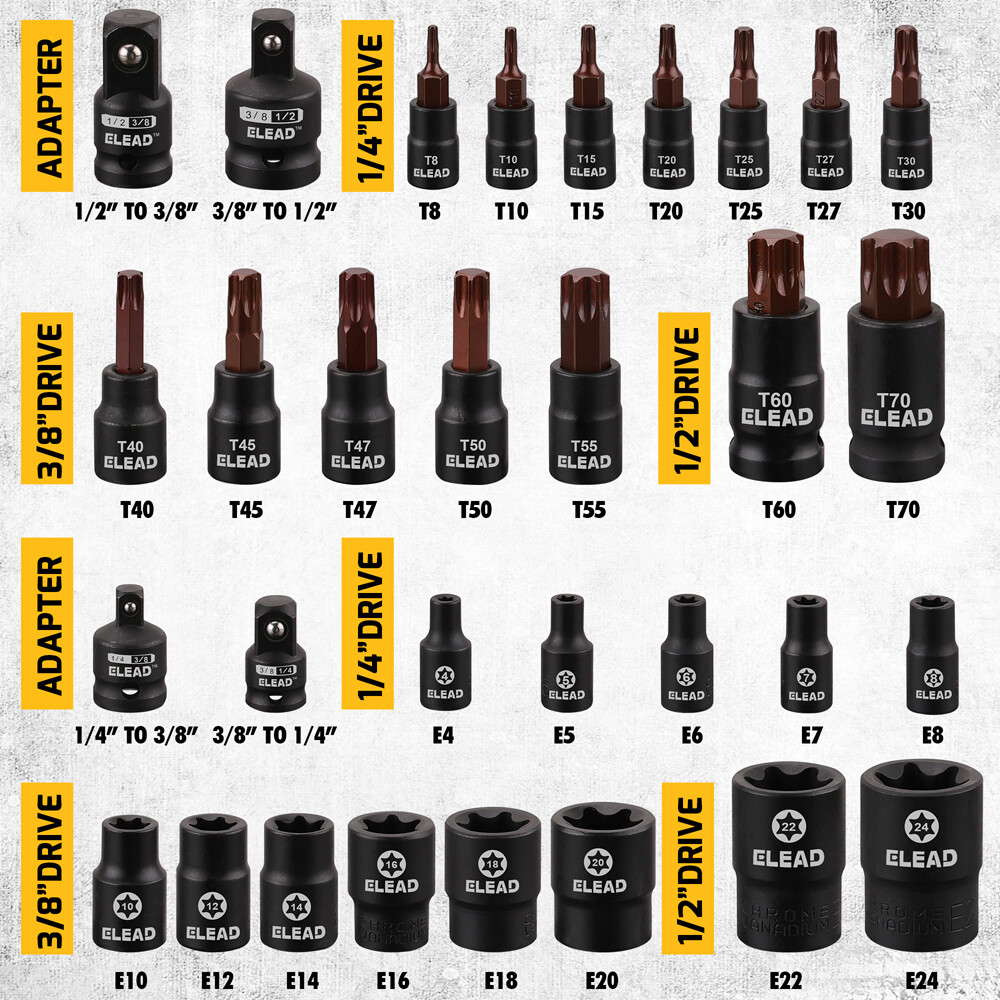 31PC Torx Bit Socket Set T8-T70 & E-Torx E4-E24 S2 Alloy Steel Star Premium CR-V