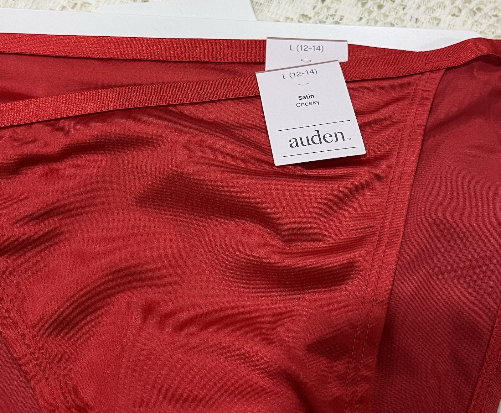Auden Red Satin Cheeky Panties- 2 Pair, Size Large (12-14) String Bikini-New