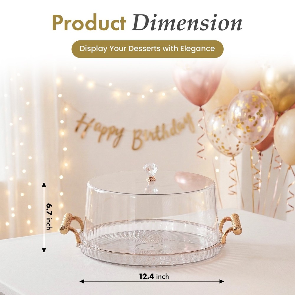 New Basicwise Plastic Cake Stand with Clear Flat-Top Cover and Gold Handles