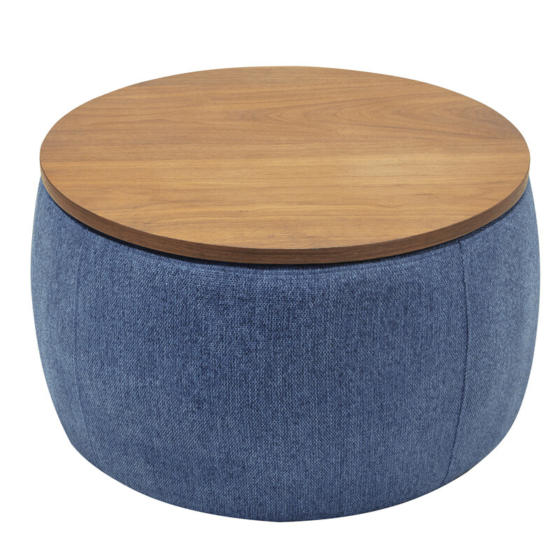 Round Storage Ottoman, 2 in 1 Function, Work as End table & Ottoman-Navy