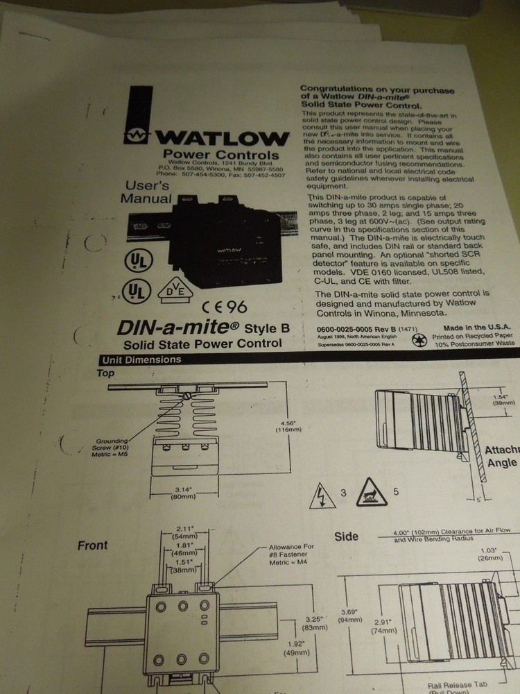 Watlow DB1V-3060-F000 Din-A-Mite Solid State Power Control Used