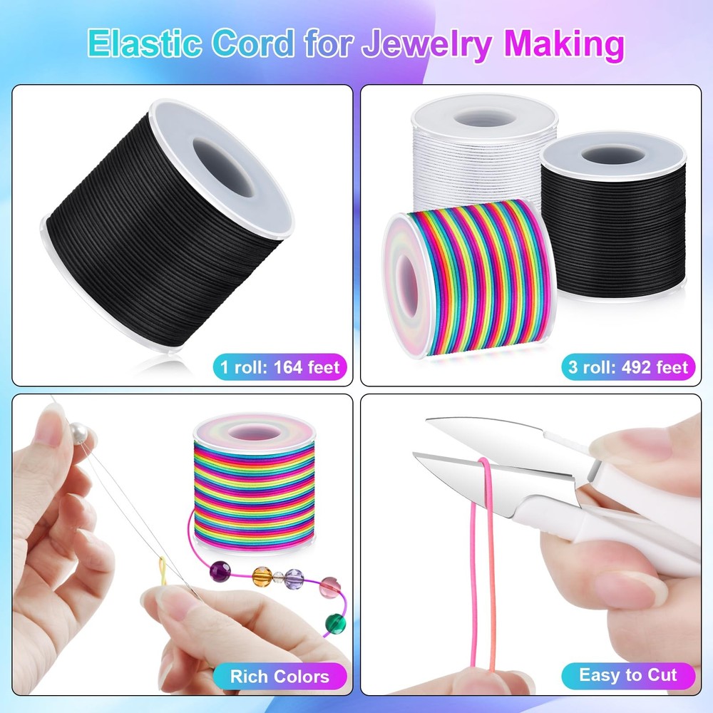 492 Ft Stretchy Bracelet String 1mm Elastic 1MM, Rainbow, White, Black