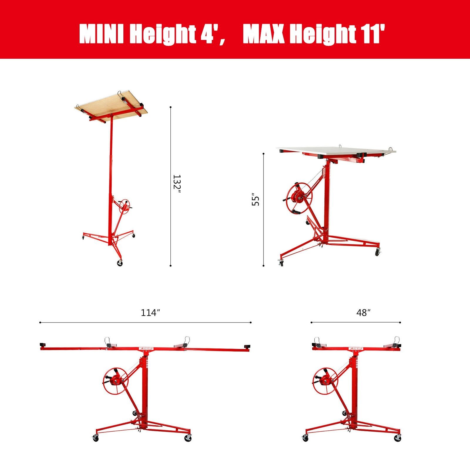 11FT Drywall Rolling and Panel Hoist Sheetrock Plasterboard Jack Lifter Tool