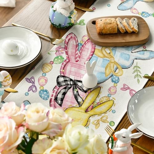Floral Bow Bunny Rabbits Eggs Easter Table 13" x 72", Table Runner Beige