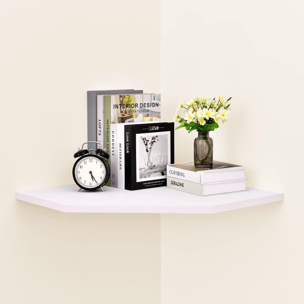 Lar Floating Corner Wall Shelf with Cable Manament, White MDF, Modern