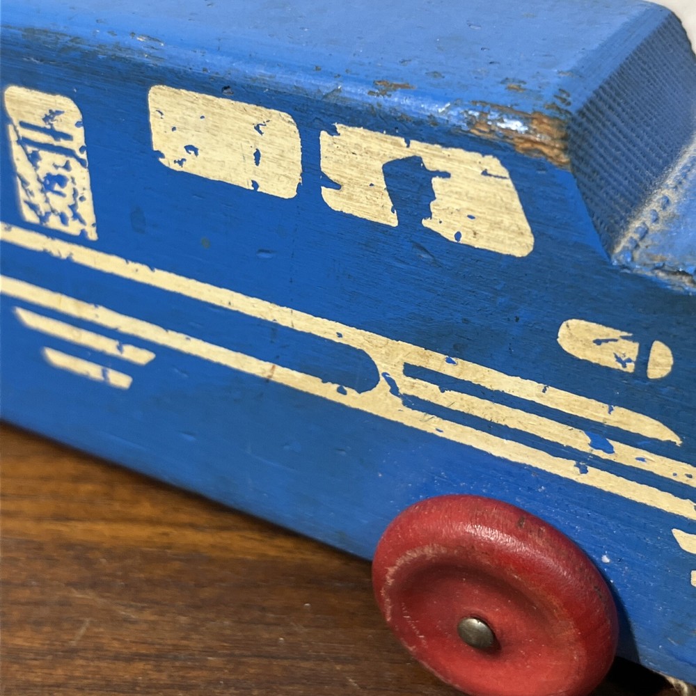Vintage Wooden Block Pull Toy Train Painted White Graphics Red & Blue