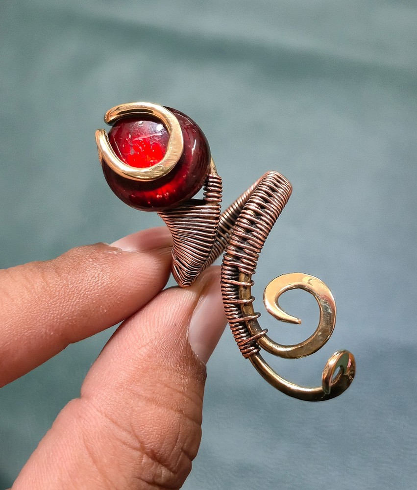 Red Fire Labradorite Ring Two Tone Copper Jewelry Adjustable Ring For Gift