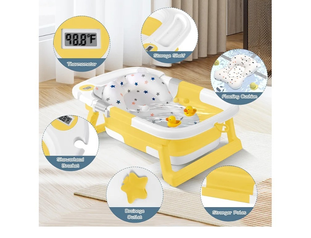 Collapsible Baby Bathtub Portable Foldable Thermometer Cushion for 0-36 Months