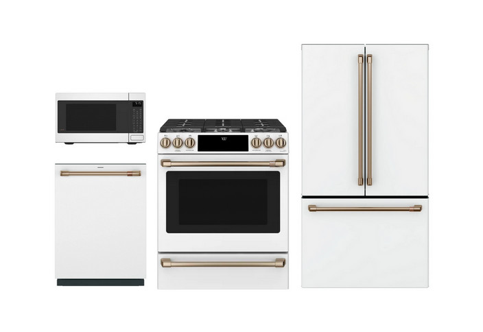 GE Cafe Matte White Package Induction Range with Brushed Bronze Handles