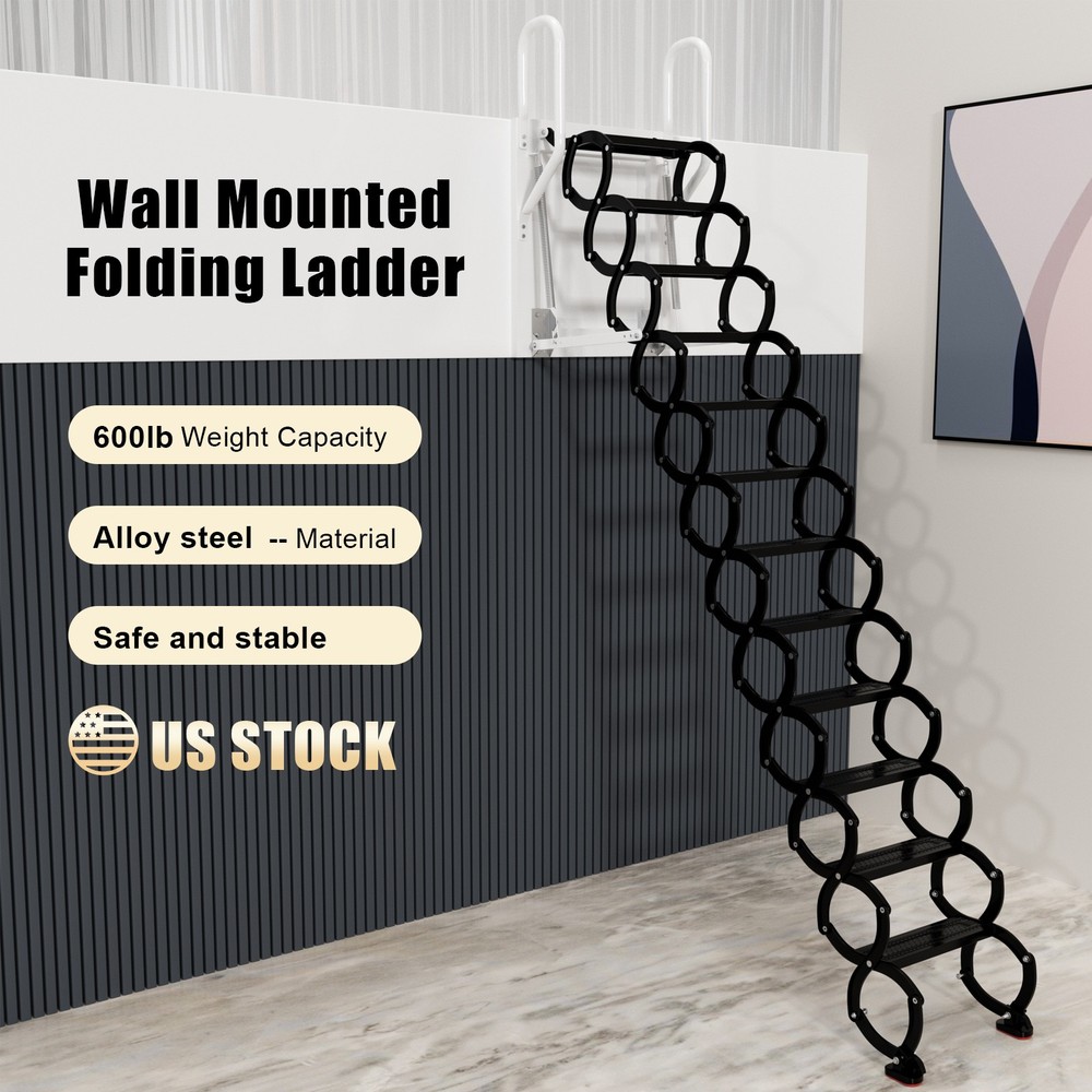 Wall Mounted Folding Ladder Black Loft Attic Stairs Pull down 12 Steps👍