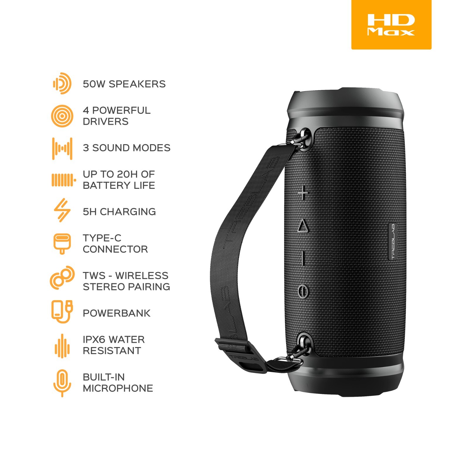 TREBLAB HD-Max - Big Bluetooth Speaker - 50W, 20H Battery, Power Bank, TWS