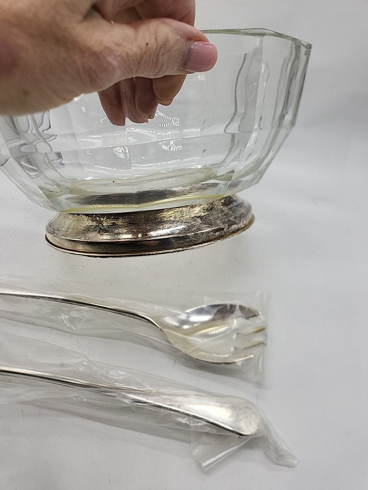 Vintage Italy Fine Crystal Silver Plate Serving Bowl & Utensils Original Packing
