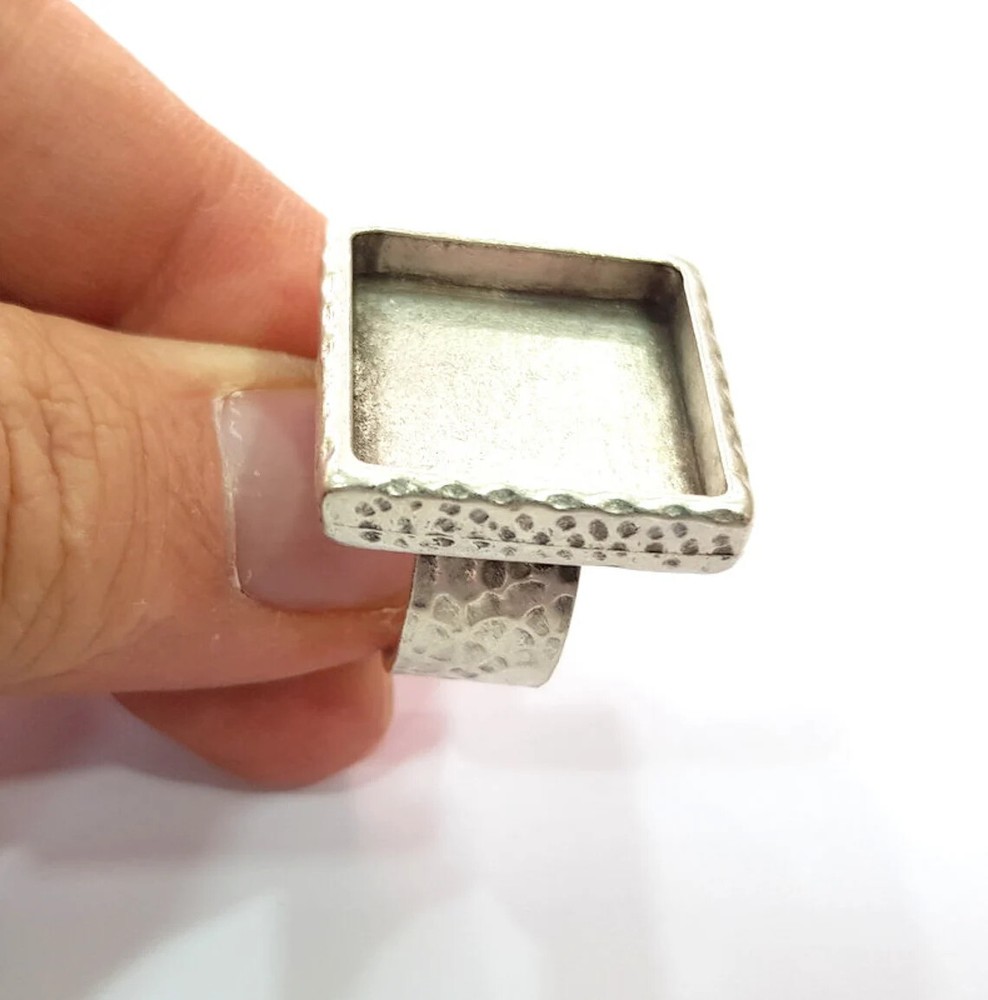 Square Ring Blank Setting Cabochon Base inlay Bezel Adjustable Antique Silver
