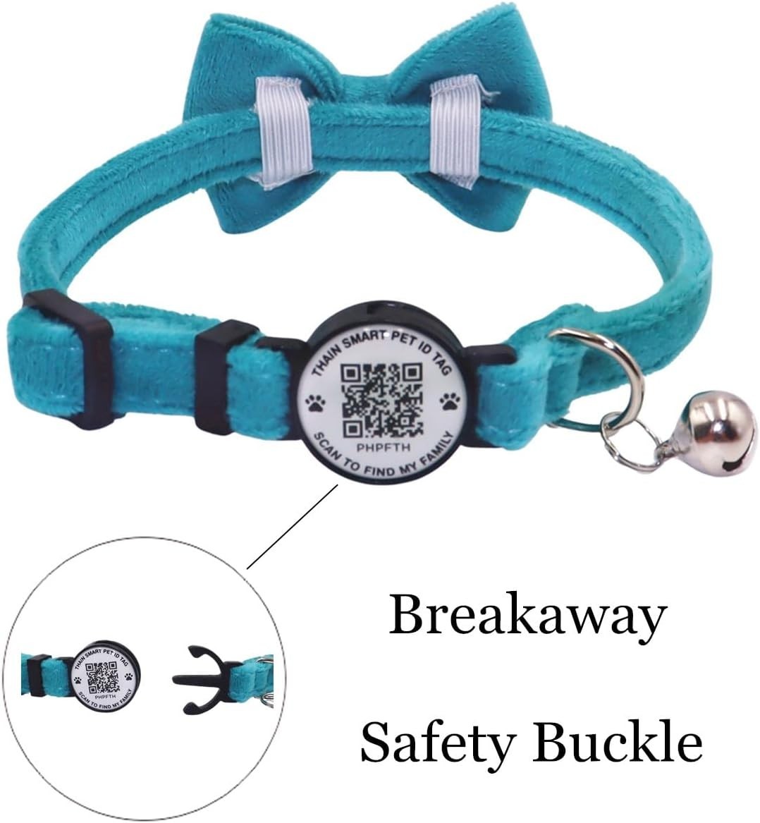 Cat Collar with Bell and Bowtie Breakaway QR Code Name Smart ID tag