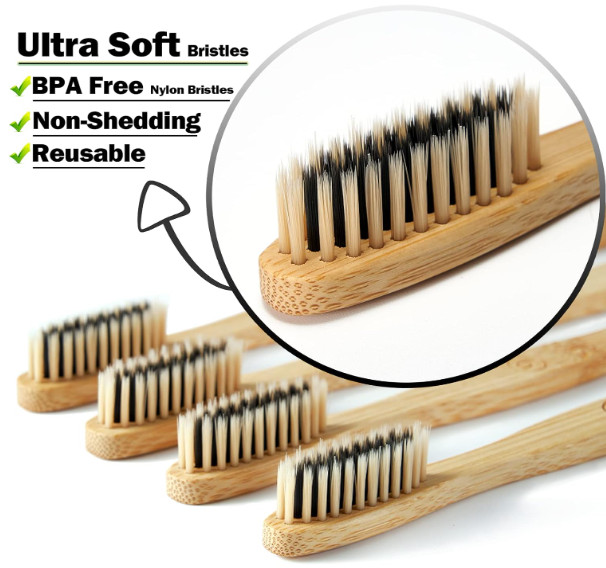 Bamboo Toothbrushes 10 Pack Biodegradable Soft Medium Charcoal Bristles