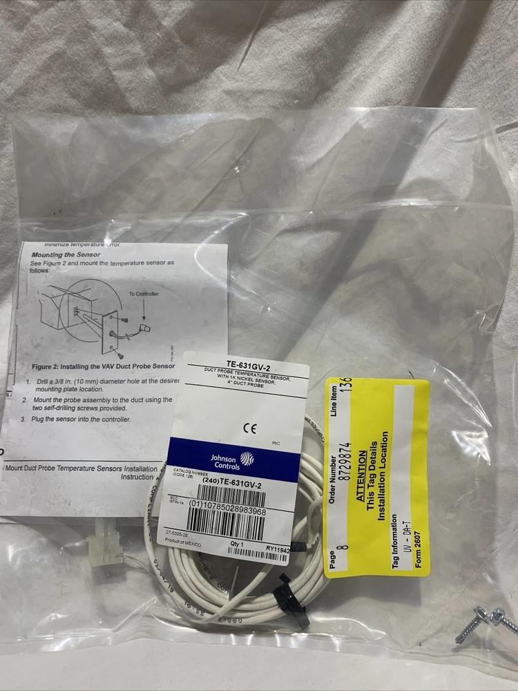 Johnson Controls 4”Duct Probe Temperature Sensor w/ 1k Nickel Sensor; TE-631GV-2