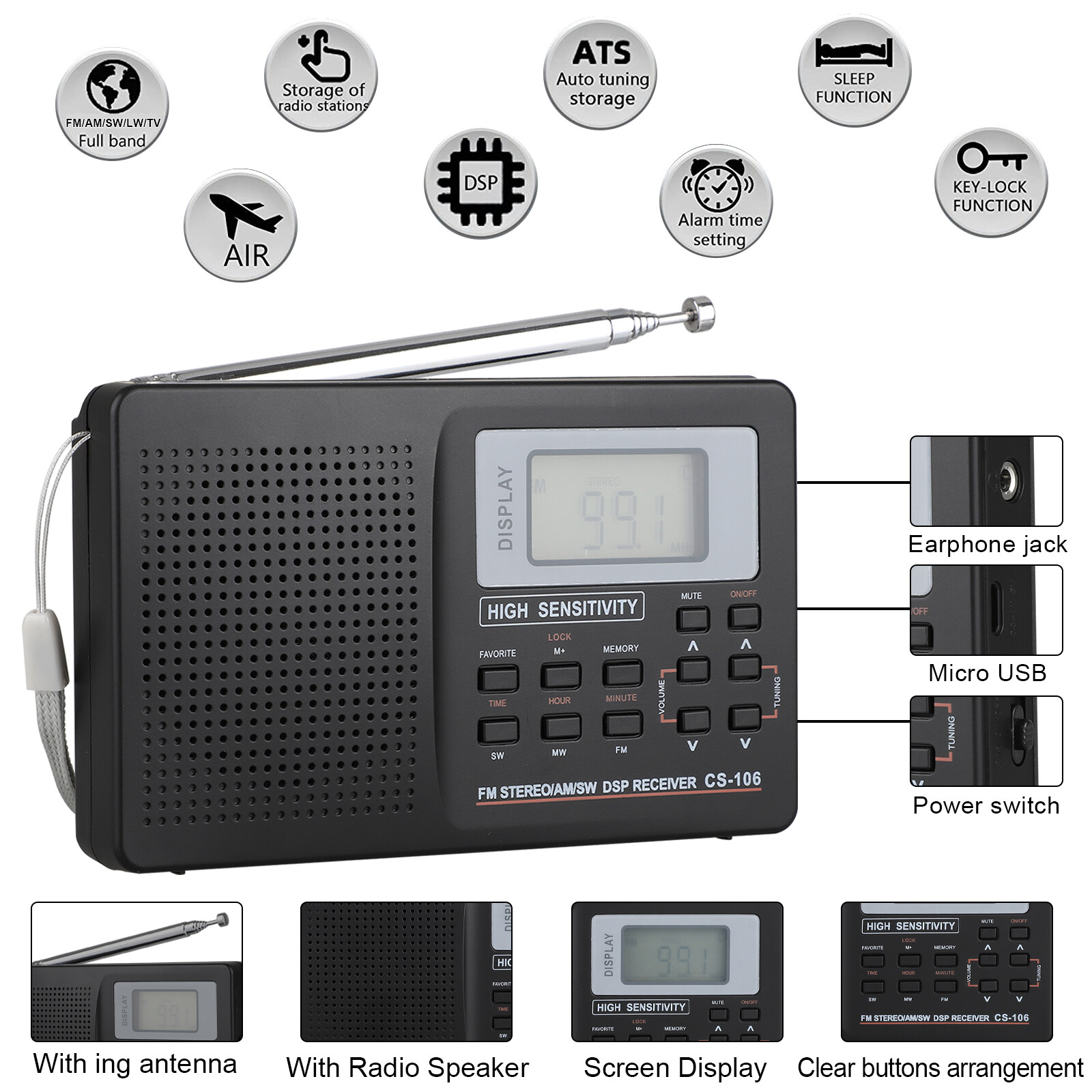Portable Full Band AM/FM/SW/MW/LW Radio Digital Stereo Speaker Player+Headphones