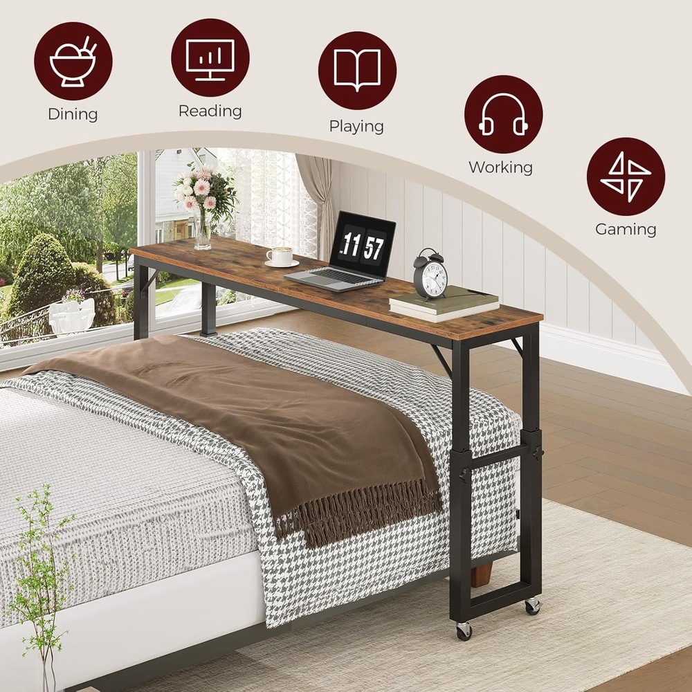 Overbed Table W/ Wheels Queen Size Mobile Bed Desk W/ Adjustable Height Rolling