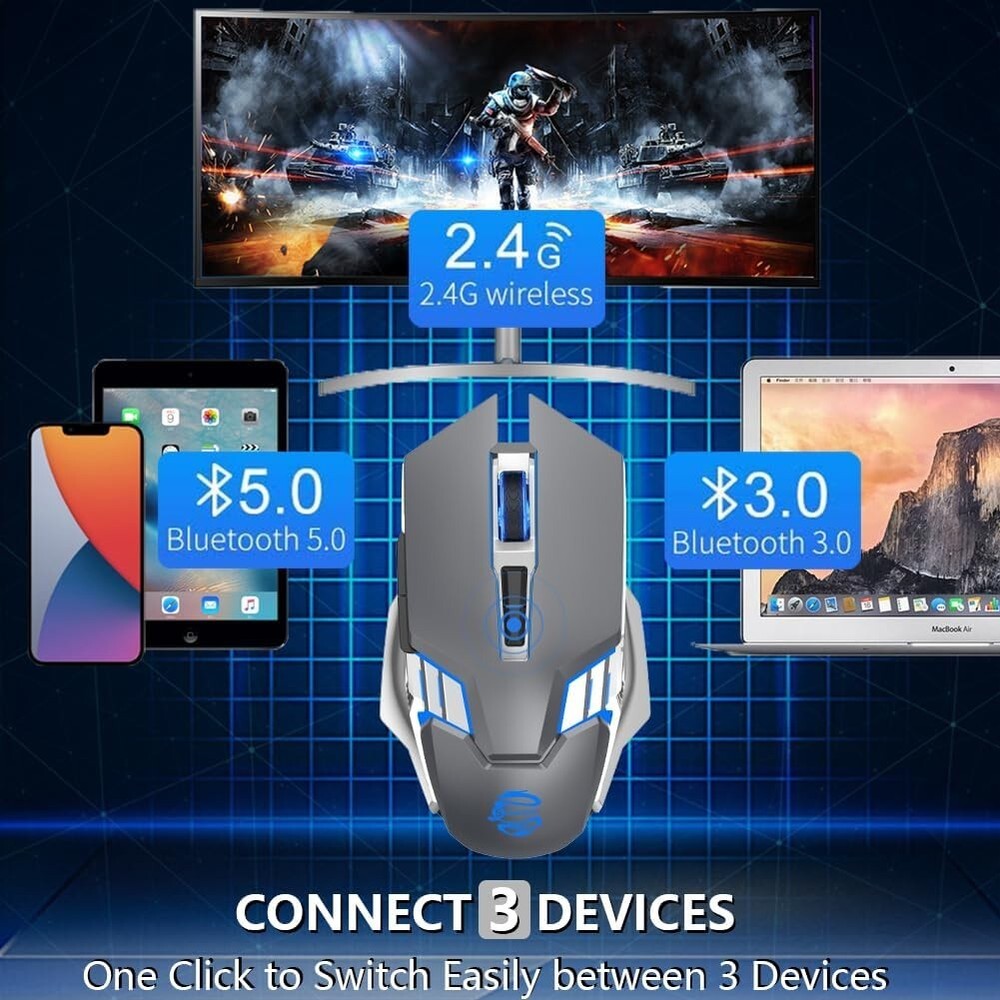 Multi-Mode Wireless Mouse - 2400 DPI - 7 Buttons - Rechargeable Battery - Grey