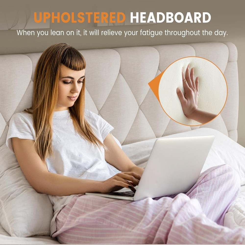 Queen Size Bed Frame, Upholstered Platform Bed Frame with 2 Storage Drawers