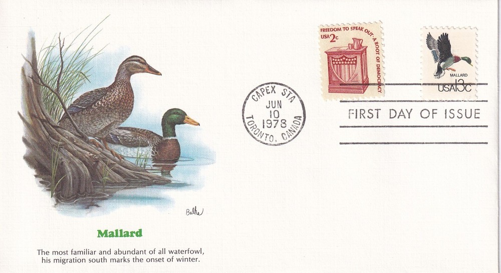 STAMP US SCOTT 1757b, 1582 "Mallard" 13 CENT 1978 FDC