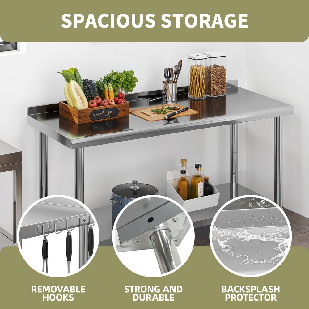 Large Work Table Undershelf 60x24" Stainless Steel Commercial Kitchen Backsplash