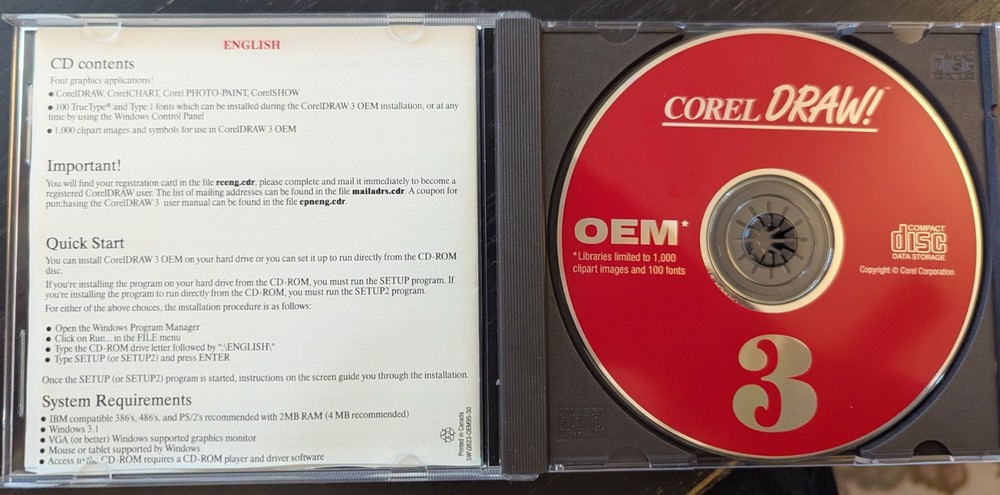 Corel Draw 3 OEM PC Software Desktop Publishing 1992 Version Windows 95