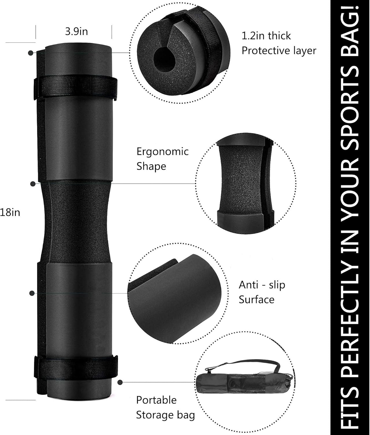 Squat Pad - Foam Barbell for Squats Cushion, Lunges & Bar Padding Black