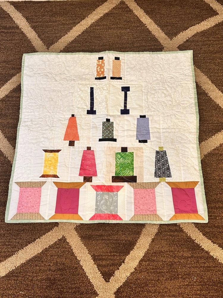 Handmade patchwork Spool Thread Sewing Theme Quilt 30” X 30”
