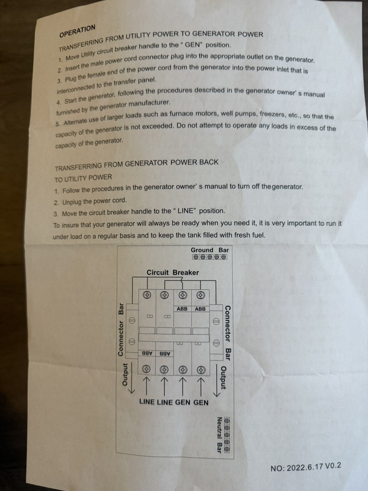 Transfer Panel (60A/60A) Manual Switch for Portable Generators 15kW Prewired
