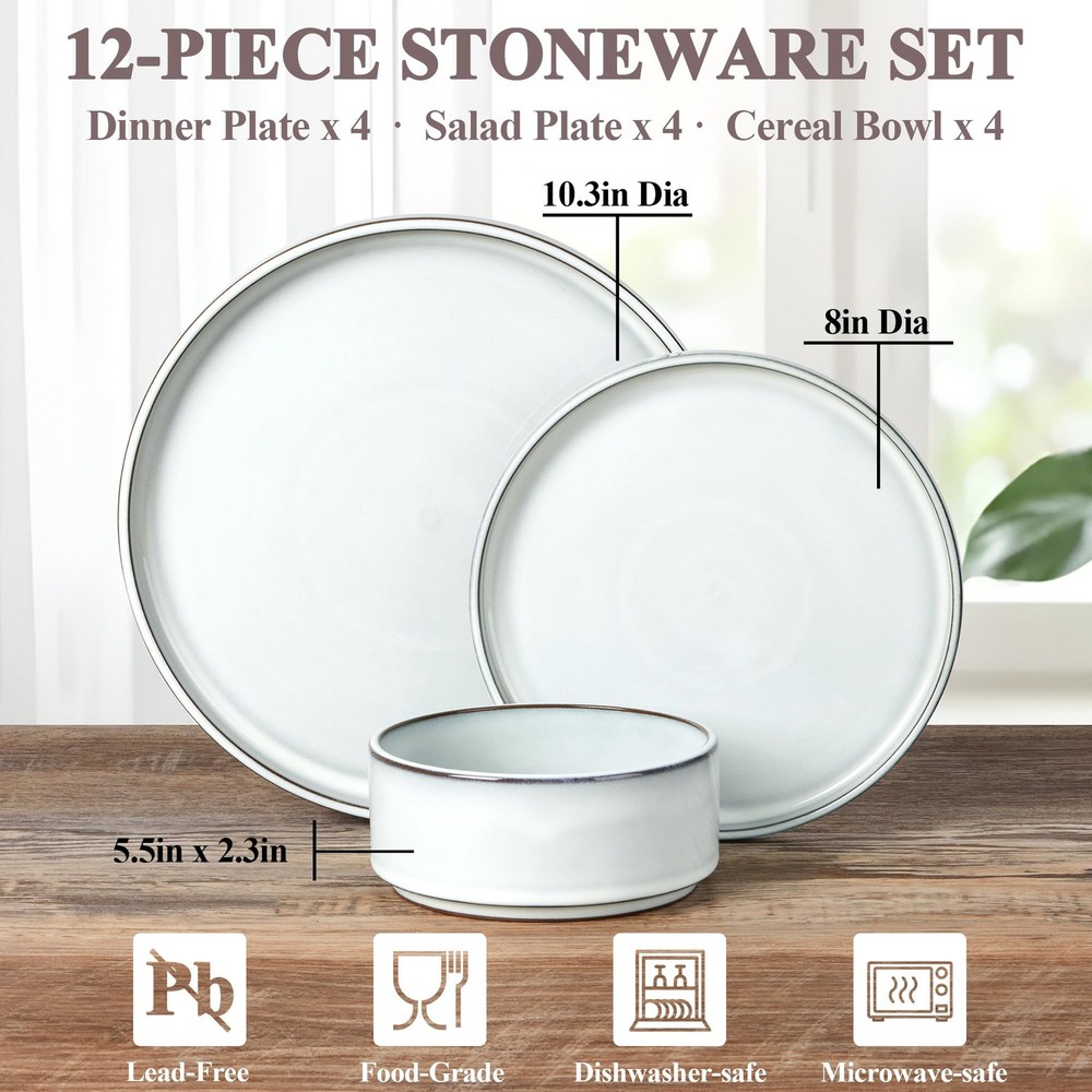 12 Pieces Stoneware Dinnerware Set for 4, Ceramic Dinner Dishware Icy White