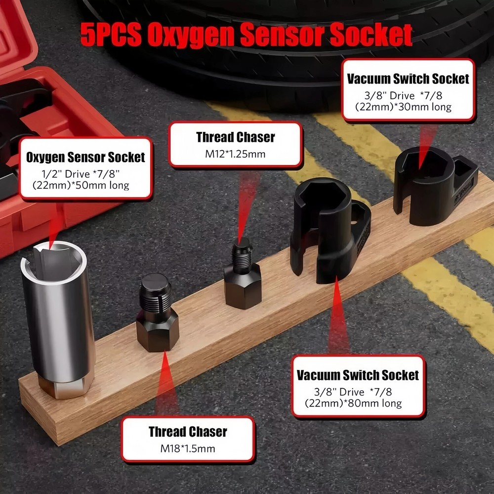 5Pcs Oxygen Sensor Socket Vacuum Wrench O2 M12 M18 Tool Renew Thread Chaser Set