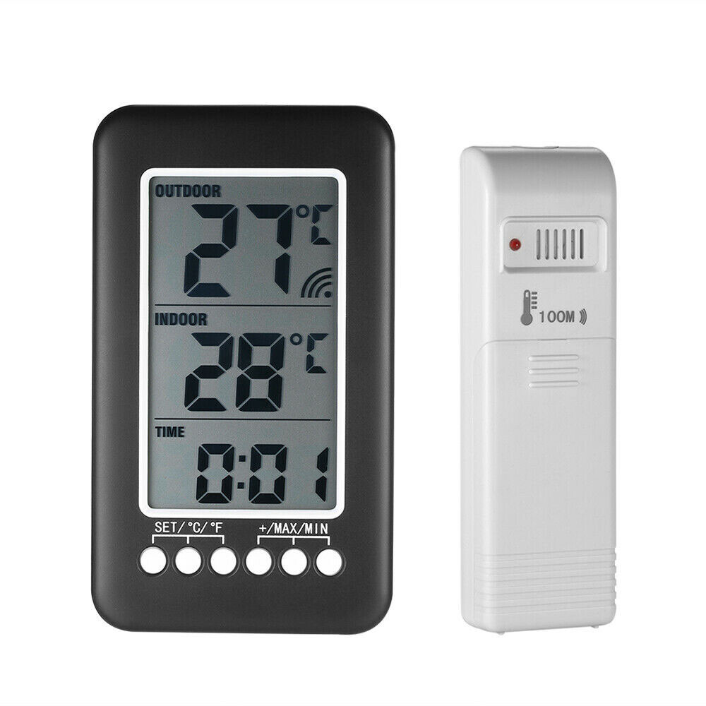 Indoor/Outdoor Digital Thermometer Clock Temperature Wireless Transmitter Meter