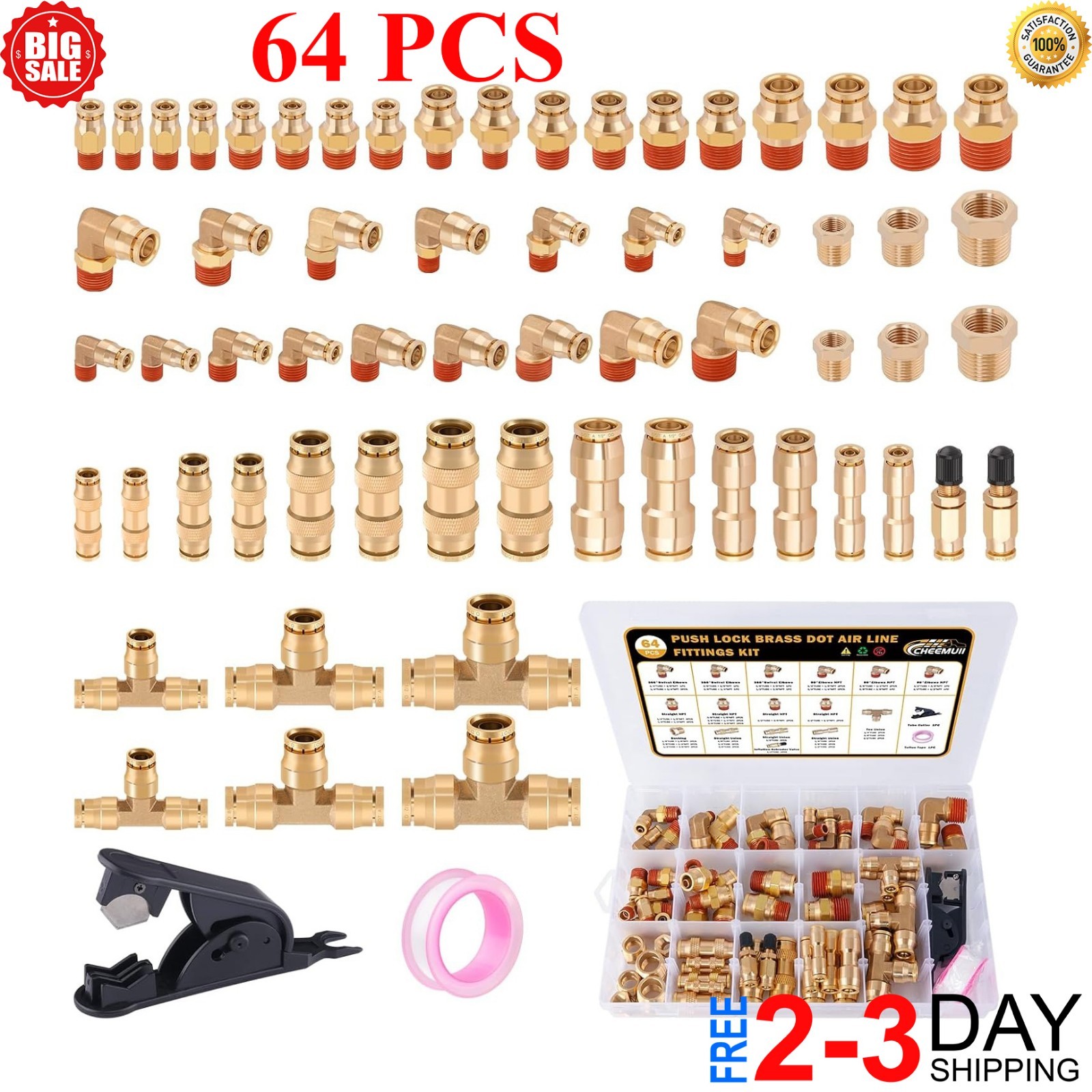 64 Pcs Brass DOT Air Line Fittings Kit Push Lock & Quick Connect Fittings NPT Th