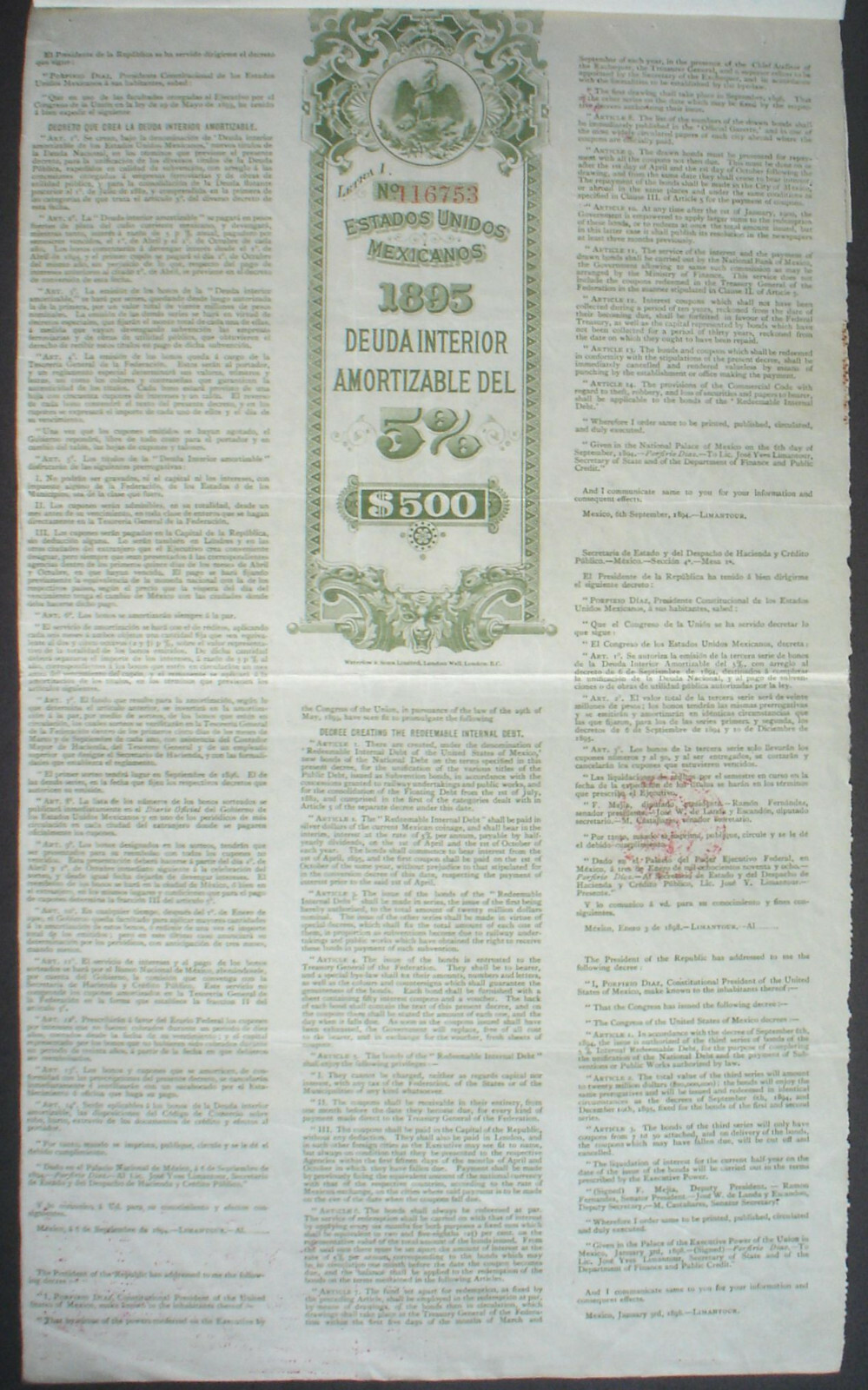 Mexico ESTADOS UNIDOS MEXICANOS BONDS 5%, £100, 1898 uncancelled