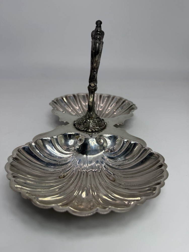 Vtg Crescent Silver Co Plated Double Clam Shell Serving Dish Trinket Tray Footed